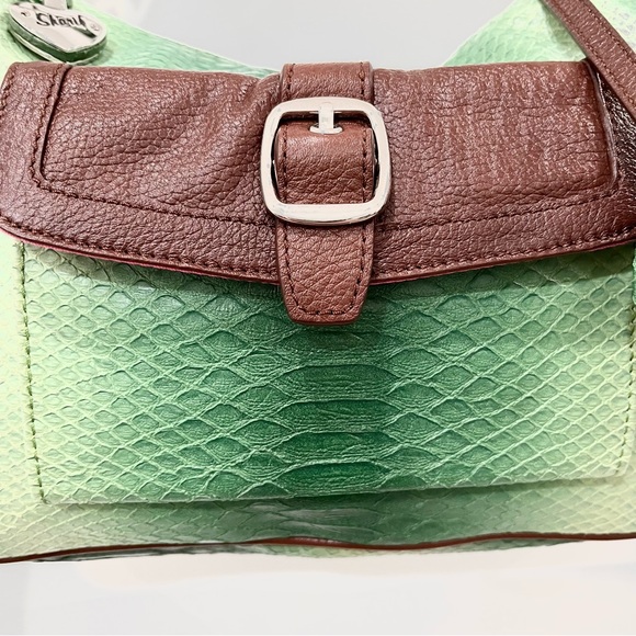 SHARIF 1827 GREEN & BROWN HANDBAG LEATHER TRIM WITH LAMINATE AND POUCH NWOT - Picture 8 of 15